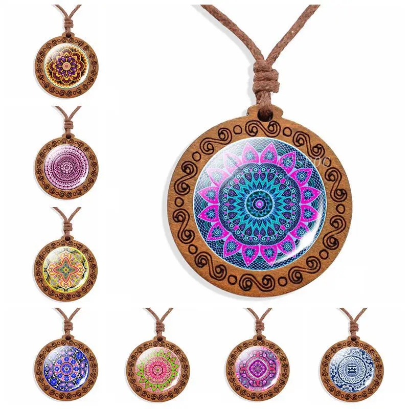 Винтажное ожерелье с мандалой стеклянный кабошон деревянная подвеска