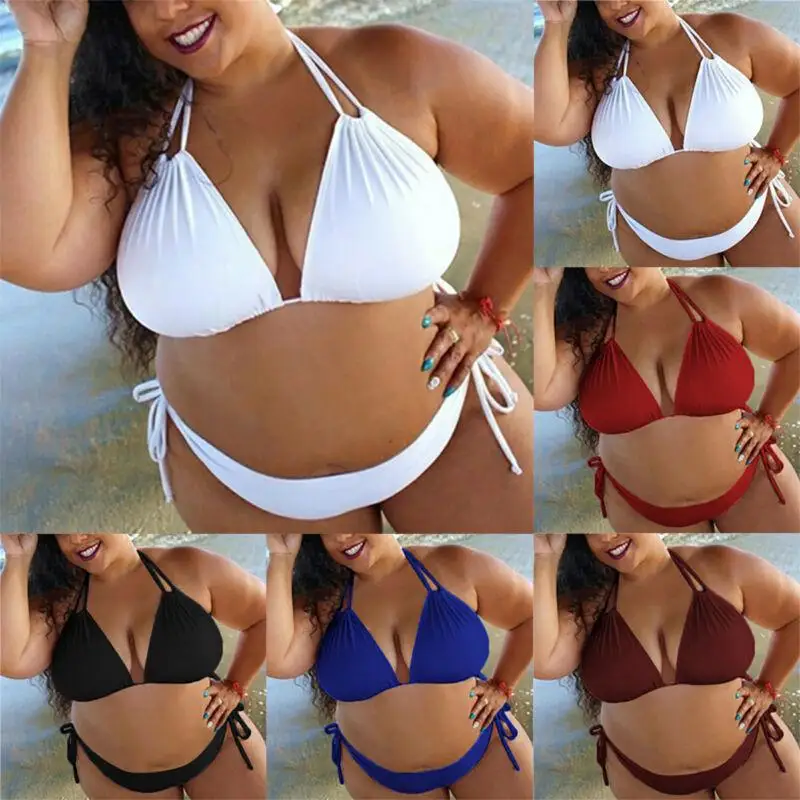 

Women Solid Color Bikini Set Push-Up Padded Swimwear Halter Lace Up Beach Swimsuit Plus Size