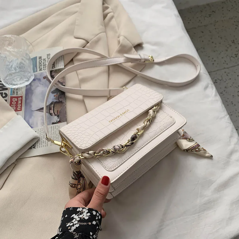 

Flip Women Shoulder Bag Stone Pattern Messenger Bag Summer PU Leather Small Women's Bag Silk Scarf Female Chain Tote Handbags