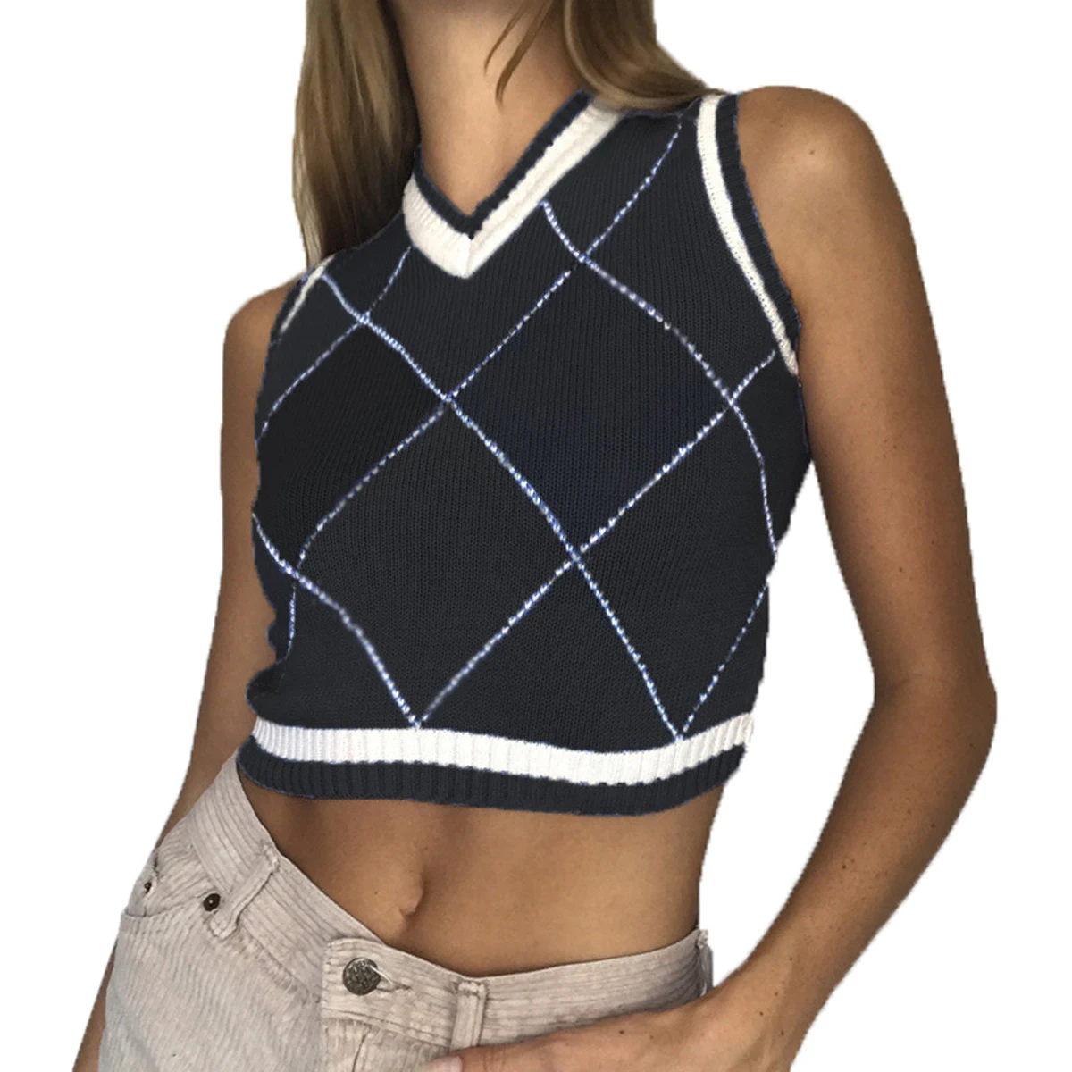 

Женский винтажный Трикотажный жилет, облегающий короткий жилет в клетку без рукавов с V-образным вырезом и открытыми плечами, майка
