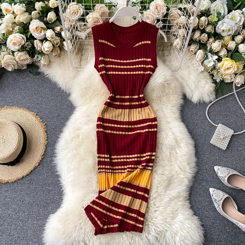 Женское винтажное трикотажное платье ALPHALMODA простое ретро в полоску без рукавов