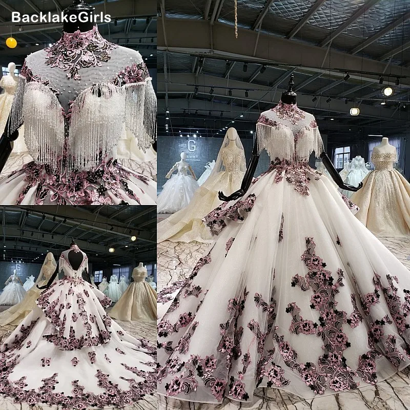 Бальное Платье Свадебные Платья с фиолетовой Иллюзия аппликации высоким воротом