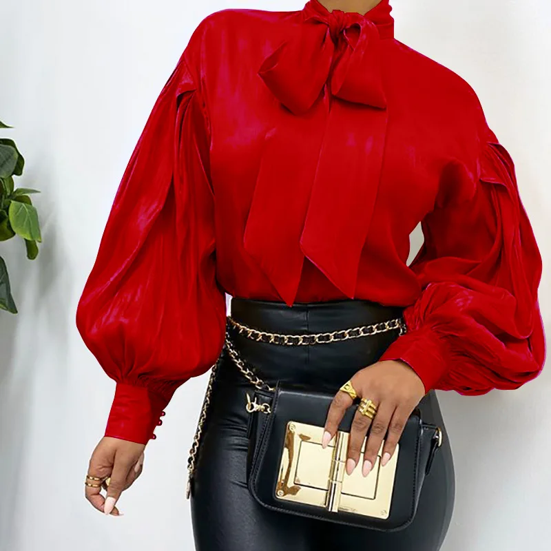 

VANOVICH 2022 Autumn and Winter New Korean Long-sleeved Solid Puff Sleeve Shirt Vintage Causal Loose Bow Women Blouse