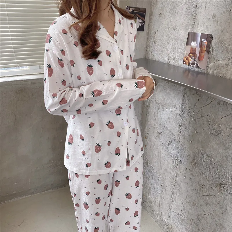 

CBAFU cotton strawberry pajamas set women home suit long sleeve shirts pants 2 piece set homewear trousers sleepwear M672