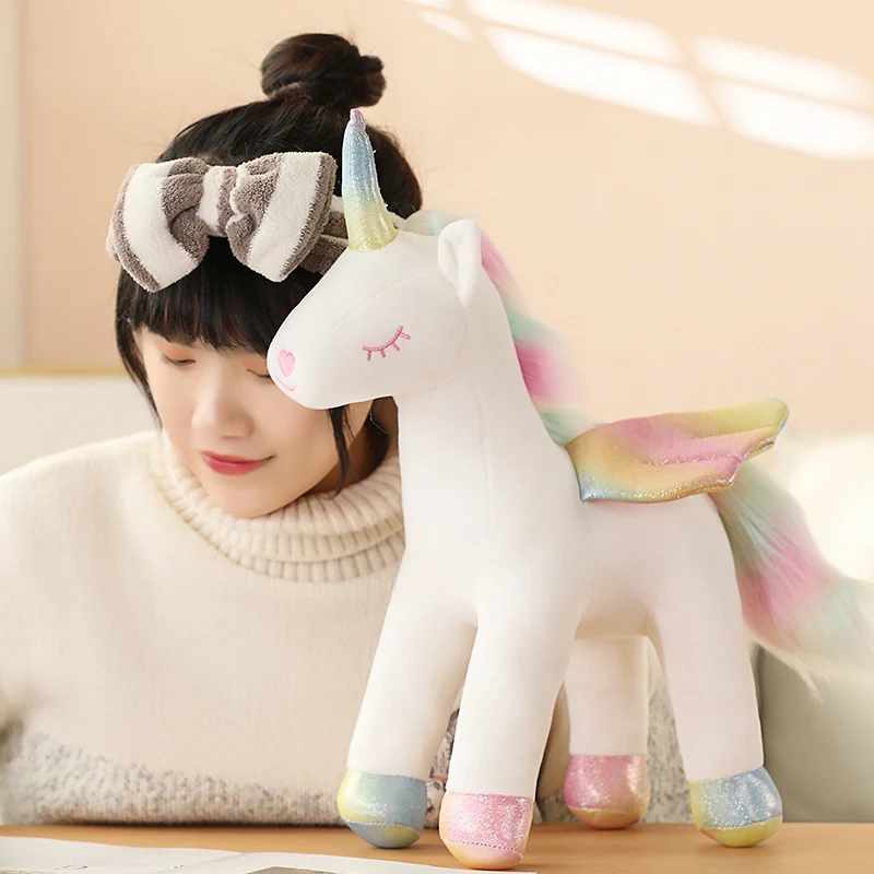 

Розово-Белый Единорог, плюшевая игрушка, мягкая набивная Летающая лошадь, мультяшная кукла, лошадь, высококачественные игрушки для детей, подарки на день рождения