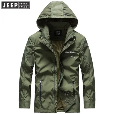 JEEP SPIRIT Новая модная Осенняя военная куртка мужская повседневная с капюшоном воротник Мужская куртка сетчатая верхняя одежда на подкладке ветровка куртка пальто - Цвет: Армейский зеленый