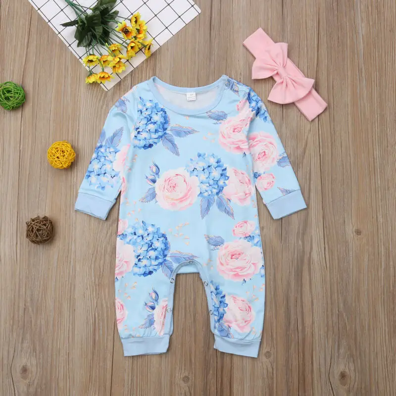 Spring Autumn Blue Infant Baby Girl Floral Romper Bodysuit Jumpsuit+Headband Clothes Outfit | Детская одежда и обувь