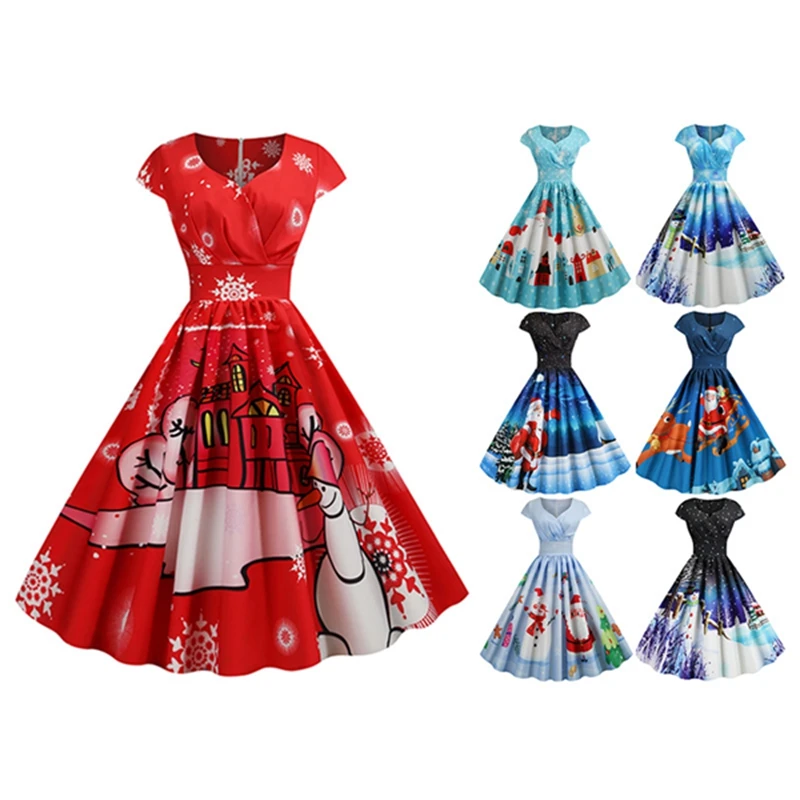 

Women's Christmas Fashion Short Sleeve V-Neck Snowman Print Dress Dresses