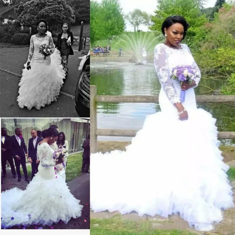 

Trendy Lace Ruffles African Mermaid Wedding Dresses 2018 Sheer Long Sleeve Tiers Plus Size Fitted Bridal Gown Custom Made