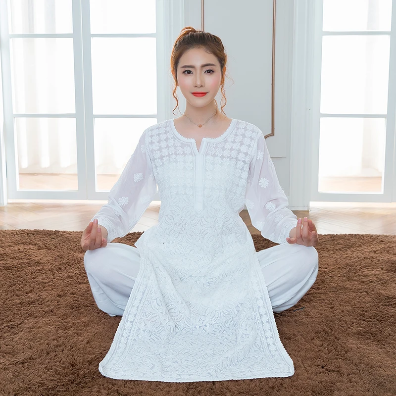 

Dubai Casual WearYoga Wear Clothes Girls Long Pure Cotton Embroidery Thin Kurti And Pant pakistan India Kurtis