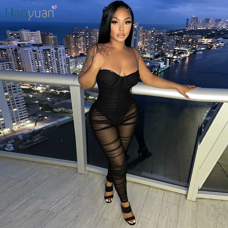 

HAOYUAN Sexy Black Mesh Sheer Bodycon Jumpsuit Women 2021 Summer Clothes Spaghetti Strap Rompers One Piece Night Club Outfits