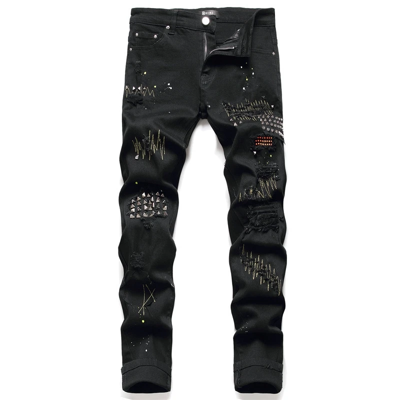 EH·MD® Diamond Embroidered Jeans Men's Scraped Inside Floral Trim Splash Ink Slim Cotton Stretch Leather Standard Black Pants 22