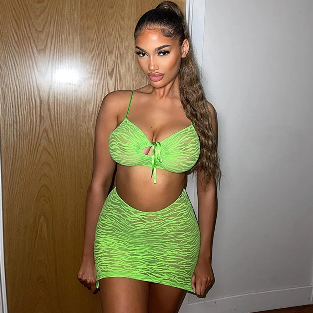 Неоново зеленый прозрачный бандажный комплект из 2 предметов женский