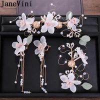 janevini korea style bride headband flowers wedding hair hair clip and earrings set crystal beaded pearl women hair accessories