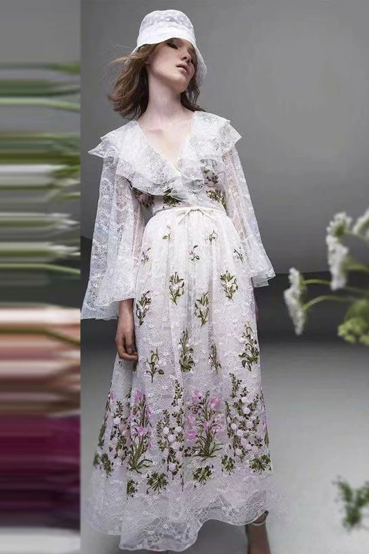 

Women's dress in 2021 with V-neck and sleeves and soft lace embroidery