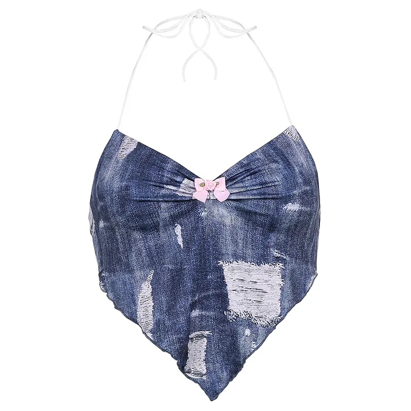 

90s Aesthetic woman tops Tie Dye Print Halter Tops Women Ruched Bow Cute Kawaii vest Sleeveless V Neck Sexy Y2K Cami Top Summer