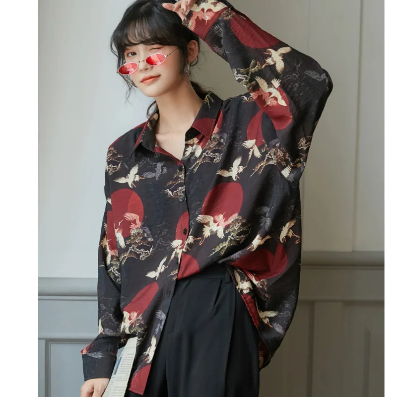 

Japanese Fashion Long Sleeve Blouse Fall 2020 Women Vintage Top Crane Print Loose Button Up Shirt Autumn Clothing S123