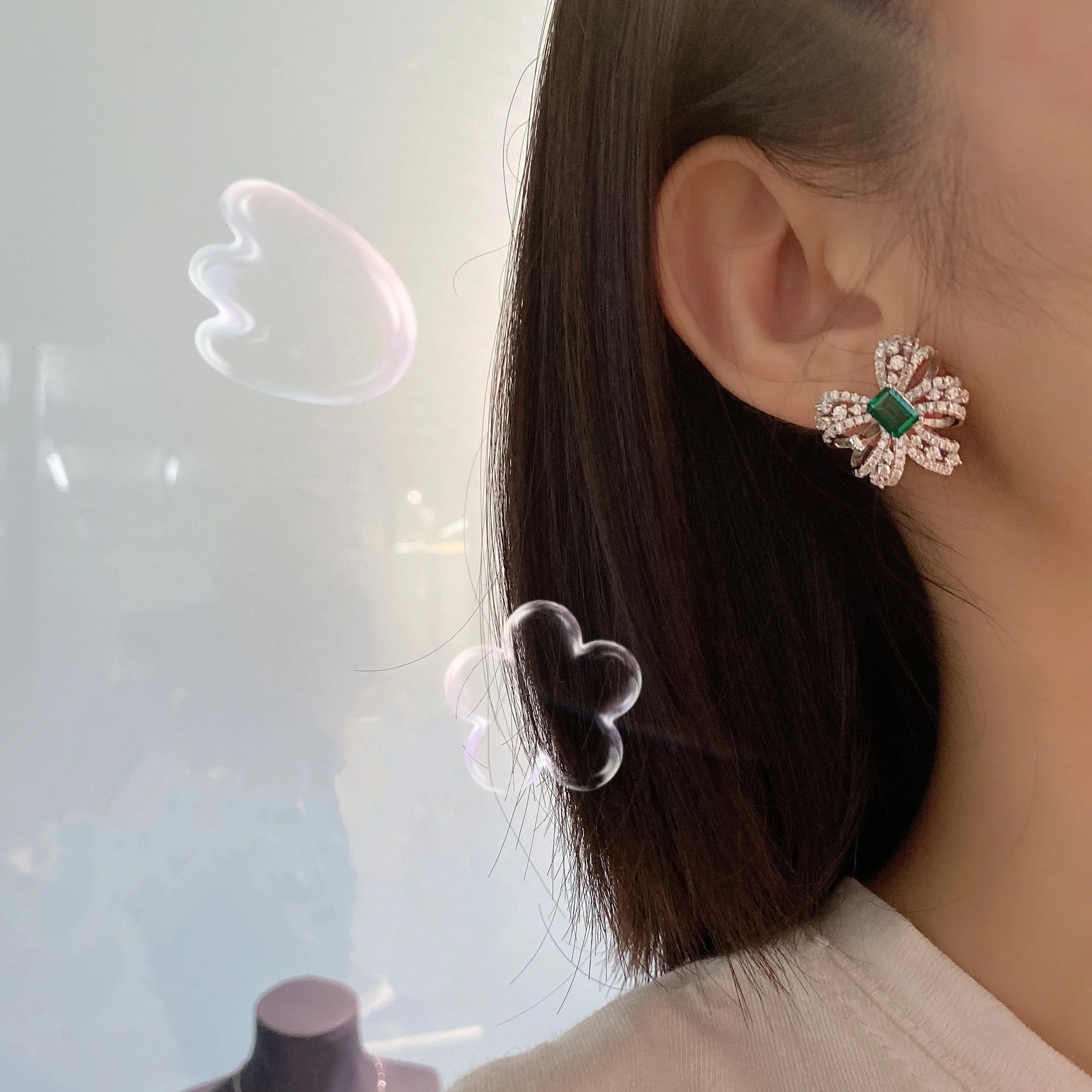 

Vintage Wedding Engagement Simulated Moissanite 22*21MM Emerald Bowknot Stud Earrings Solid 925 Sterling Silver Jewelry Earings