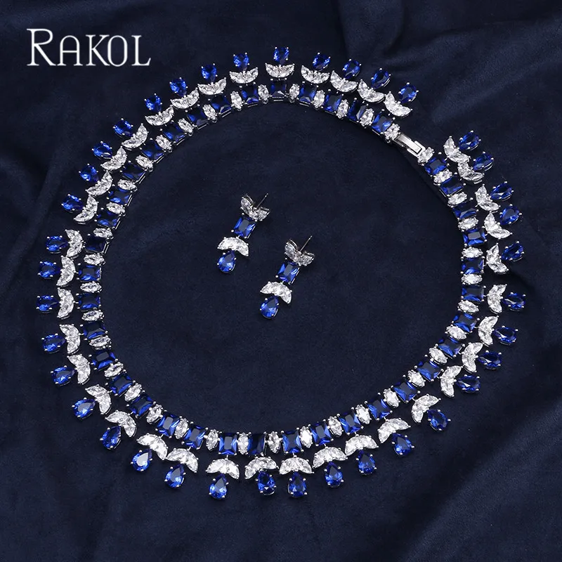 Blue RAKOL новинка высокое качество синий кубический цирконий серьги ожерелье набор для женщин воды Висячие серьги-капельки Роскошные вечерние ювелирные изделия RS0390 - Окраска металла: Blue