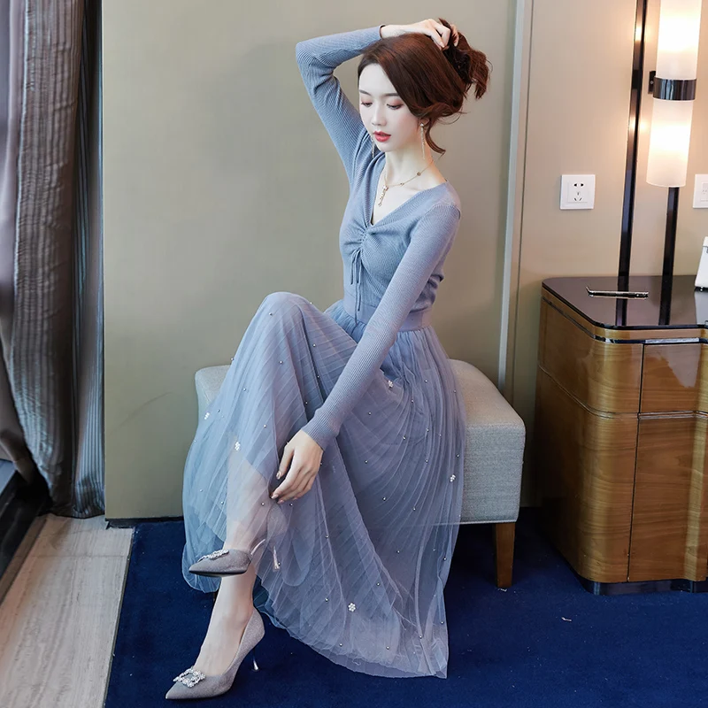 #5256 эластичное платье свитер для женщин с V образным вырезом и высокой талией