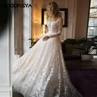 Кружевное свадебное платье цвета шампанского, с глубоким круглым вырезом, длинными рукавами, сексуальное кружевное свадебное платье-трапеция с открытой спиной, с аппликацией