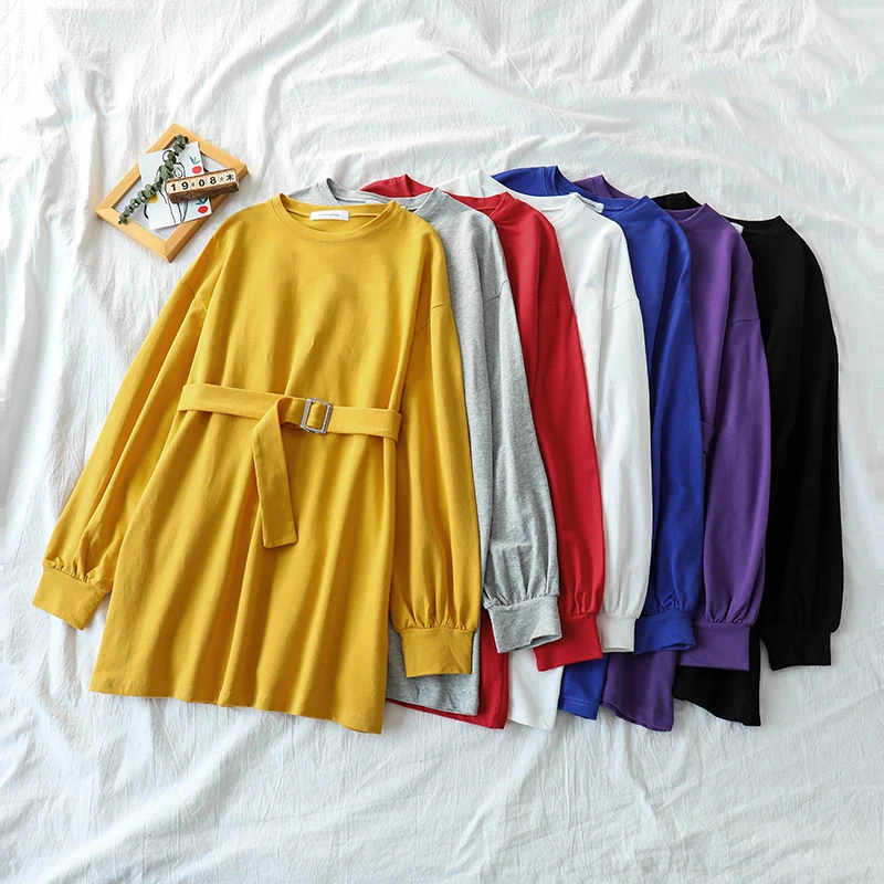 

Casual A-line Women's Dress Loose Lantern Sleeve Shirt Dress Belt High Street Solid Dress Comfortable O-neck Autumn Dress 2020