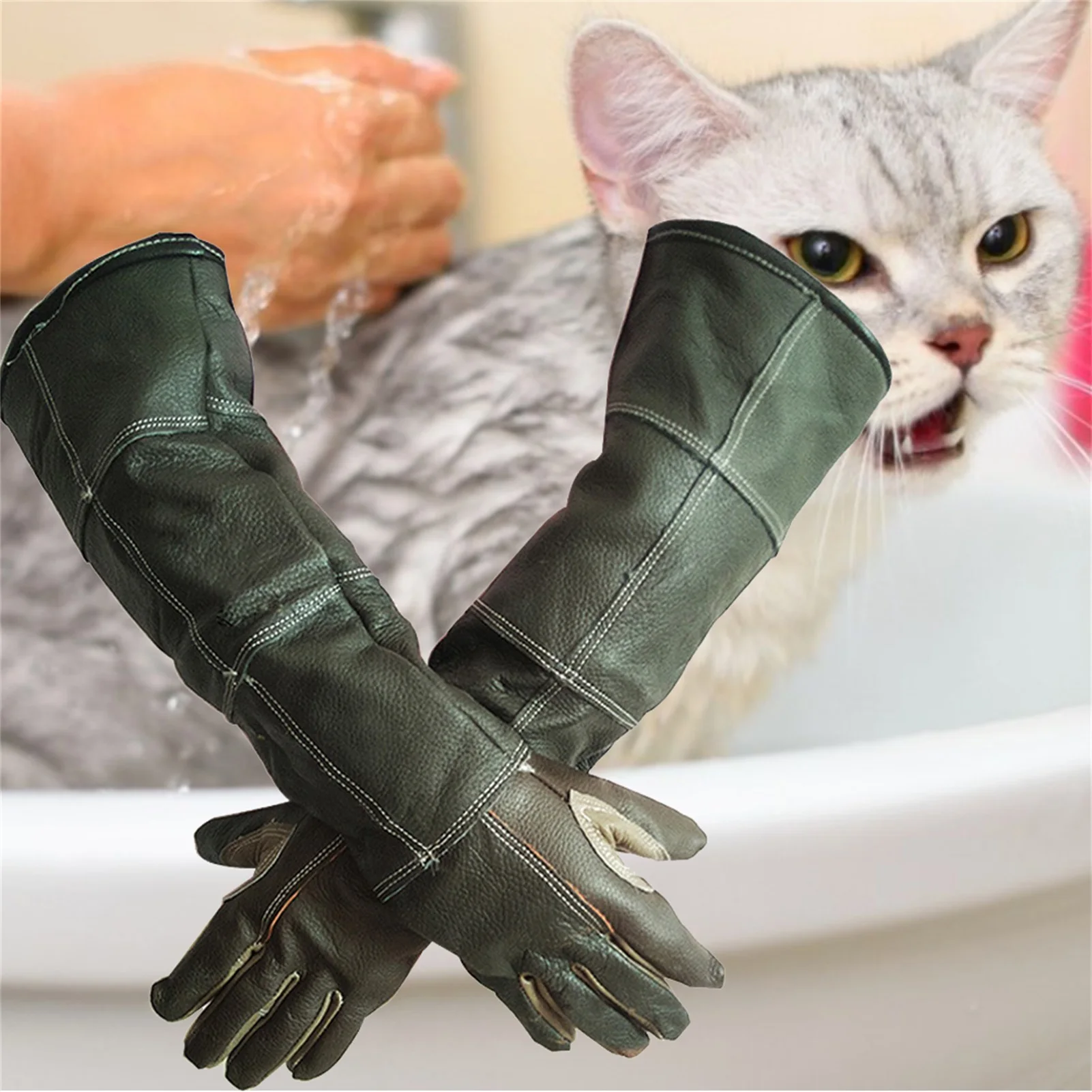 Guantes Protectores de cuero antimordedura para mascotas, para trabajo de jardiner&iacute;a, entrenamiento de mascotas, alimentaci&oacute;n-4