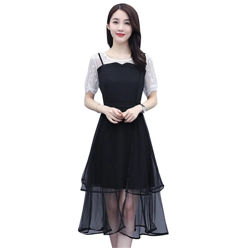 

2020 summer new dress for women long short sleeve dress ladies fashion Large size Irregular fake two-piece mesh French style