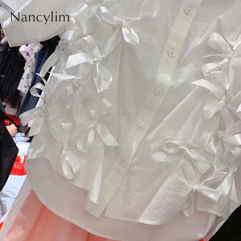

White Shirt Summer Women's Fashion Bow Blouses Short Sleeve Blusas Mujer Black Top 2021 Nancylim