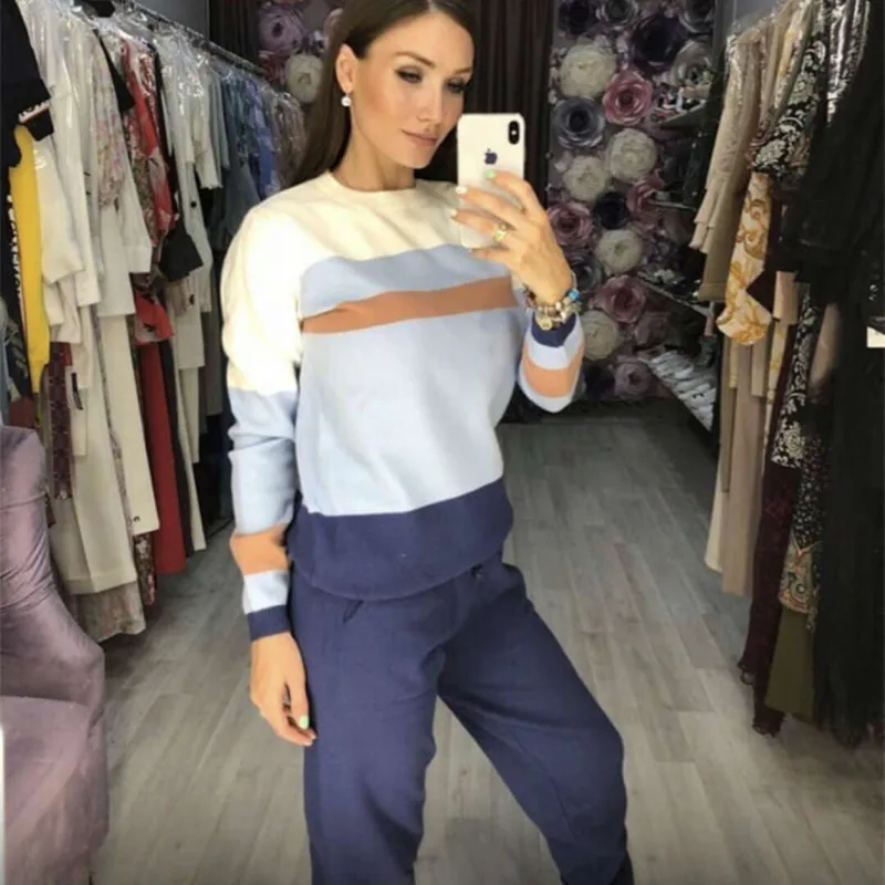 2020 New comfortable Women's sweater suits knitted tracksuit multicolor cut and sew jumper pullovers+pant two piece set outfits | Женская