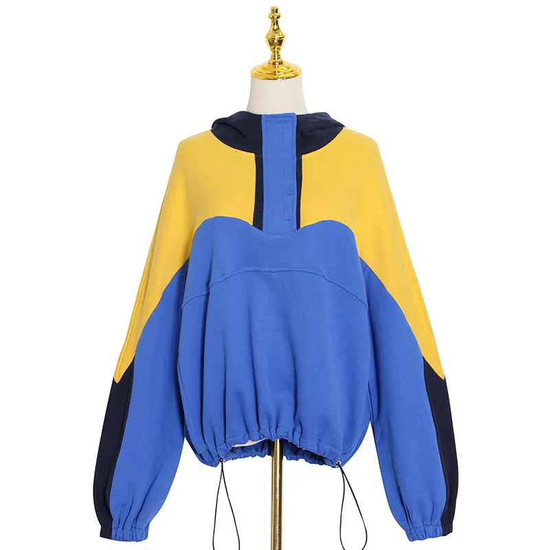 

New jacket contrast color stitching drawstring tie hem loose hooded pullover vests women tide