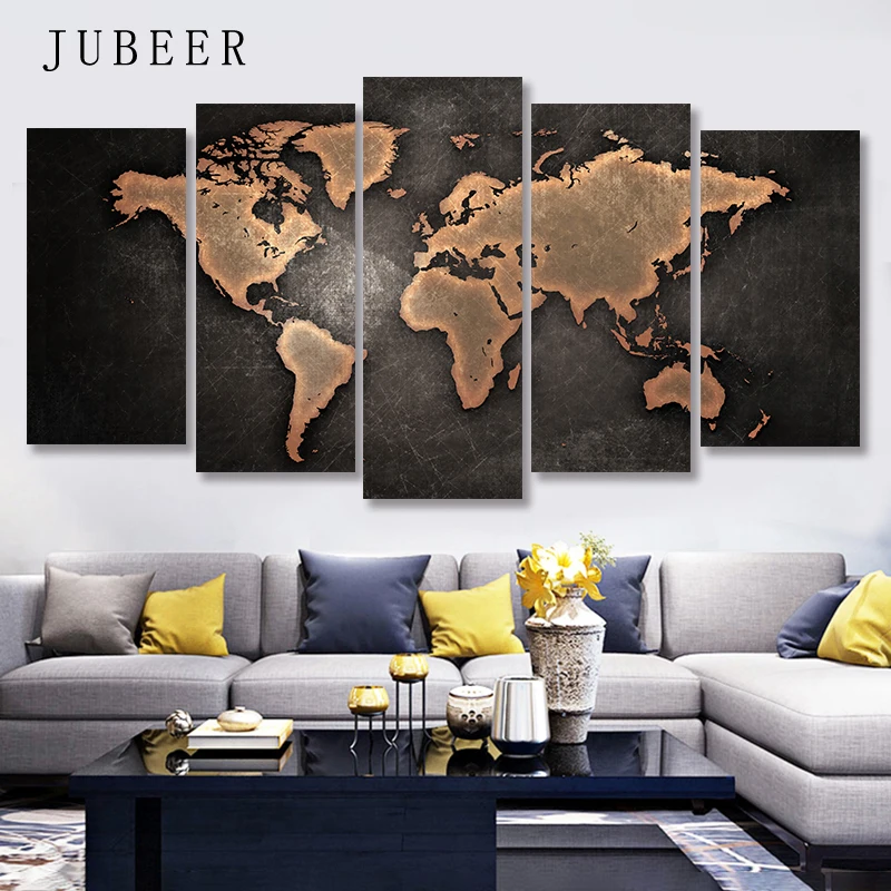 

5 Pieces Retro World Map Decoration Pictures Abstract Canvas for Living Room Wall Art Poster Painting on The Wall No Frame