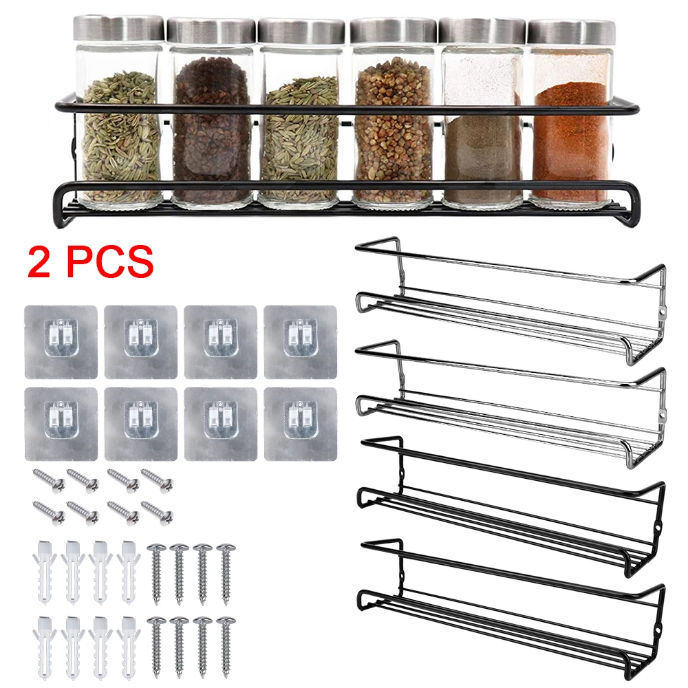 

2 Pcs Seasoning Shelf Single Layer No Drilling Spice Jar Storage Rack Wall-Mounted Metal Hanging Racks For Home Restaurant