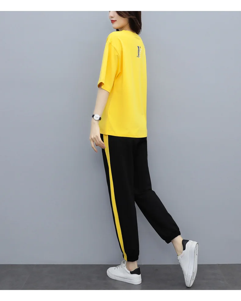 

Houthion Women Two Piece Set Print T Shirts and Pants Sets Summer Loose Suit Short Sleeve Lady O-neck T-shirt + Pants Suits