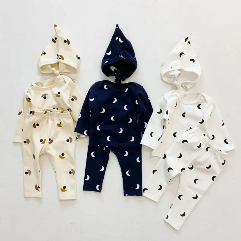 

2021 New Baby Autumn Clothes Set Cute Print Boys And Girls Long Sleeve Tops + Leggings + Hat 3pcs Cotton Kids Baby Pajamas Suit