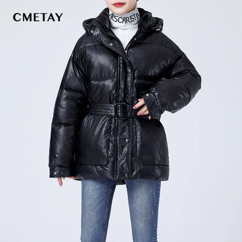 

CMETAY зимние толстые парки, женская модная теплая хлопковая кожаная одежда, женская элегантная куртка оверсайз с поясом, парка с капюшоном, па...