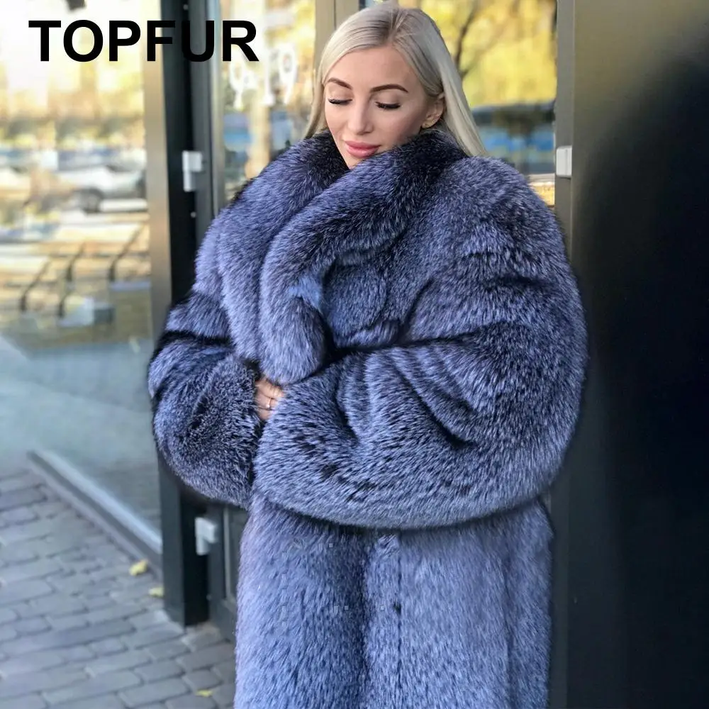 TOPFUR Fashion Natural Blue Fox Winter Loose Coat Women Leather Jacket Real Fur Coat Women Full Sleeves Lapel Collar
