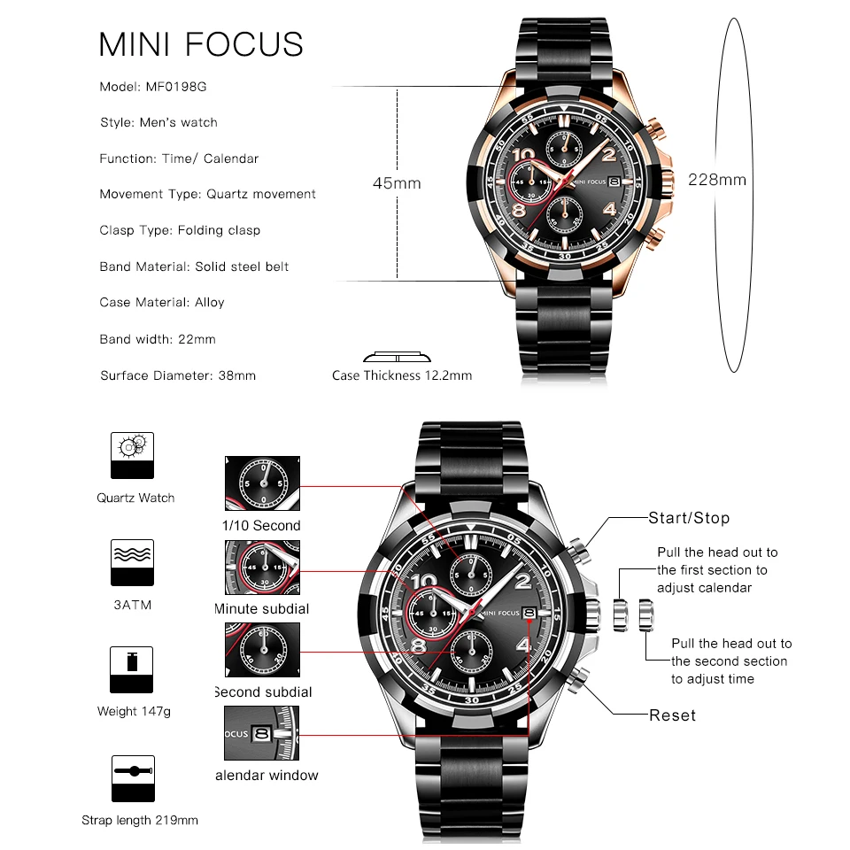 MINIFOCUS 2019 Модные Военные часы для мужчин 3 суб-циферблата многофункциональные