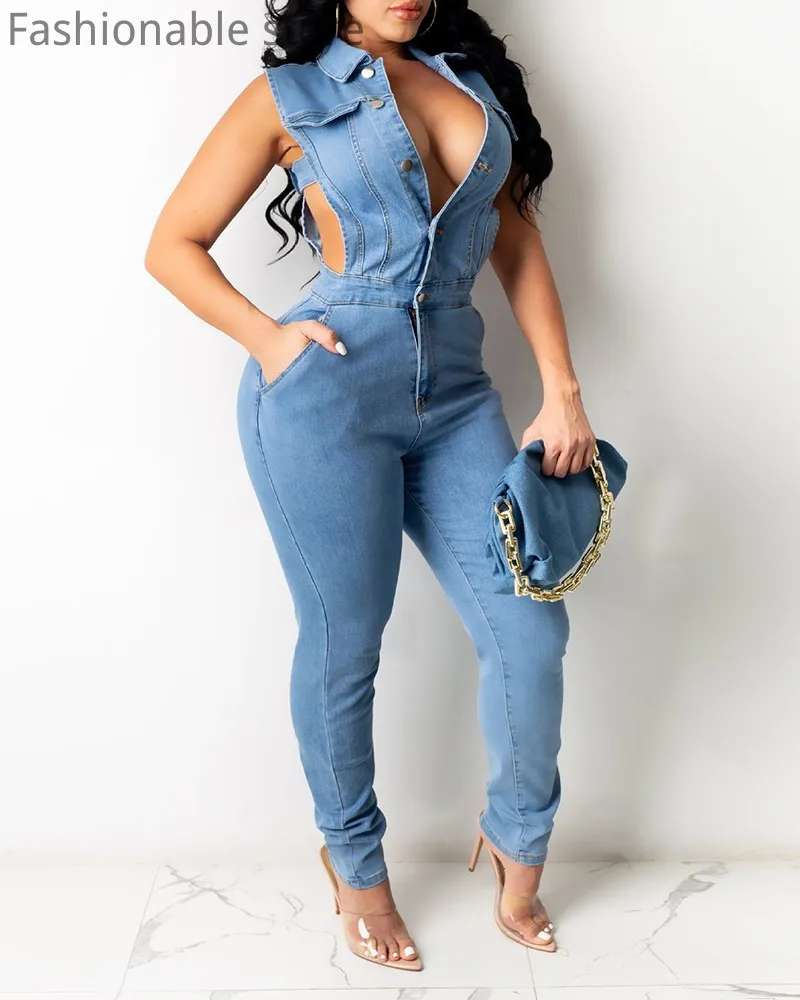 

Women Slim Sleeveless Jeans Jumpsuit Pocket Button Hollow Design Denim Romper Turn-Down Collar Playsuit