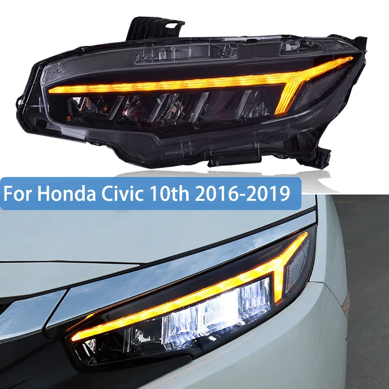 

Автомобильный Стайлинг для Honda Civic 10th 2016 - 2019 полный светодиодный светильник s с желтым движущимся поворотом светодиодный светильник DRL перед...