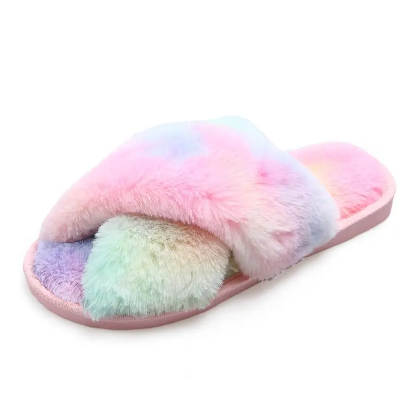 

Apanzu women fur fluffy flat slippers home Slippers Comfortable Flat Ladies Shoes Non Slip room Furry Slippers sliders rainbow