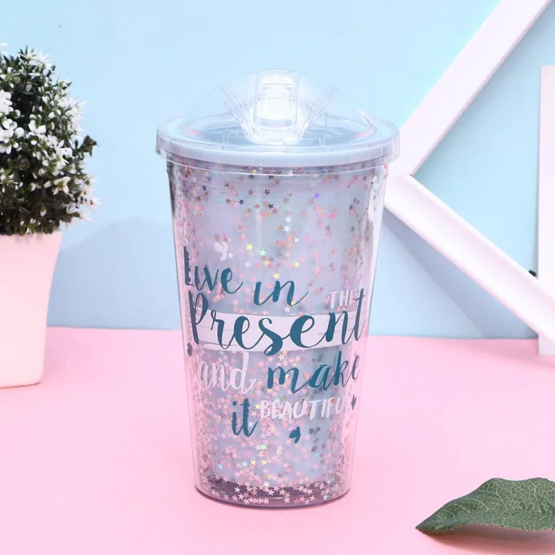 Blue Star Cup Конфетный Цвет 420 мл бутылка для воды для девочек Милая звезда блесток двойные розовые бутылки с соломинками - Цвет: Blue Star Cup