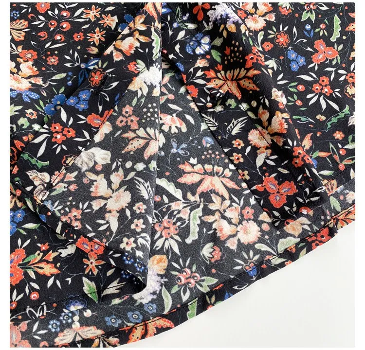 

100% Silk Floral Print Shirt Women Turn-down Collar Holiday Style Long Sleeve Casual Blouse