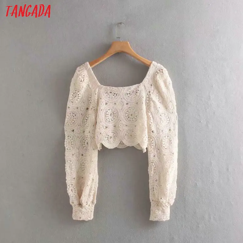Tangada, Женская вязанная блуза, квадратный воротник,, выдалбливают, длинный рукав, короткий стиль, рубашки для женщин, шикарные сексуальные топы 2W91