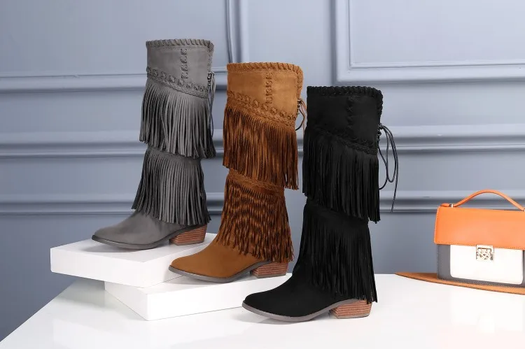 

Autumn and winter leather heel lace up tassel boots trend personalized large leather women's Boots