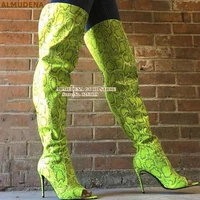 almudena lime green snakeskin printed thigh boots thin high heel open toe over the knee dress boots fall tall long boots size47