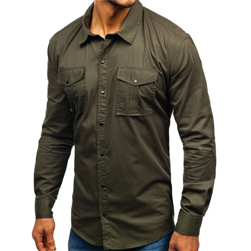 Рубашка мужская в стиле милитари, хлопок, длинный рукав, Карго, приталенная, на пуговицах, карманы, однотонная, осень 2021 от AliExpress WW