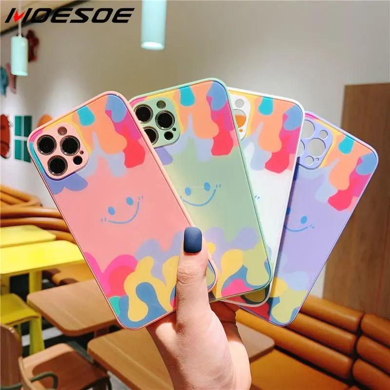 

Watercolor Smile Hybrid Square Glass Case For iPhone 12 11 Pro Max XS Max XR X 8 7 Plus SE 2020 Full Lens Protection Back Cover