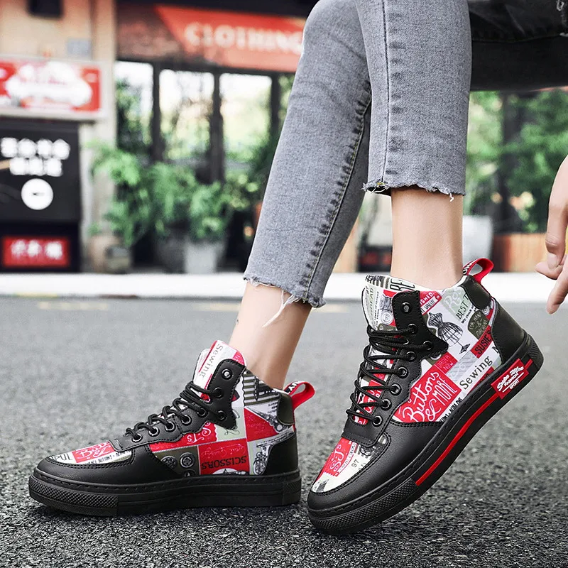 Fashion Graffiti Printed Superstar Skateboard Shoes Men Yellow High top Men Sport Sneakers Platform Women Trainers Skate Shoes