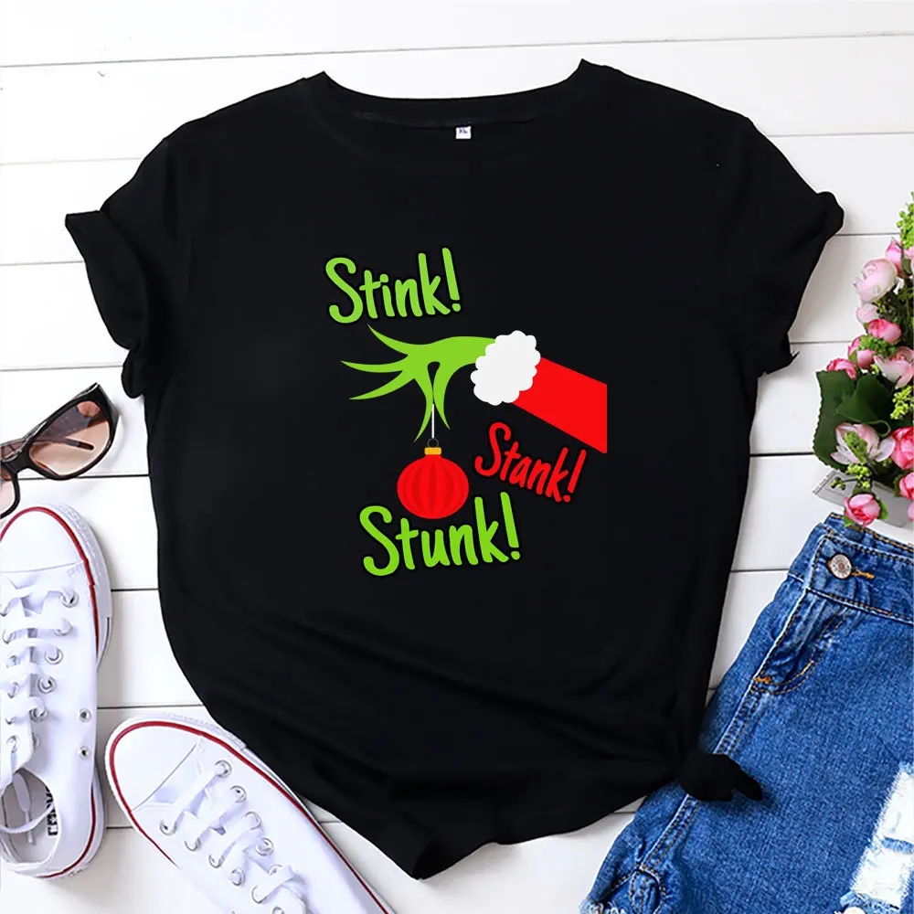 Cute Letter Grinch Ladies Top Female Harajuku Graphic Printed Short Sleeve Christmas Clothes Funny Cartoon Women T Shirt
